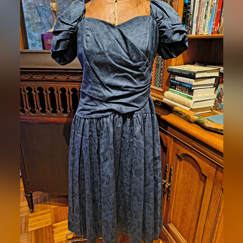 Laura Ashley Made In Great Britain Storm Blue Dress US Size 14 Vintage